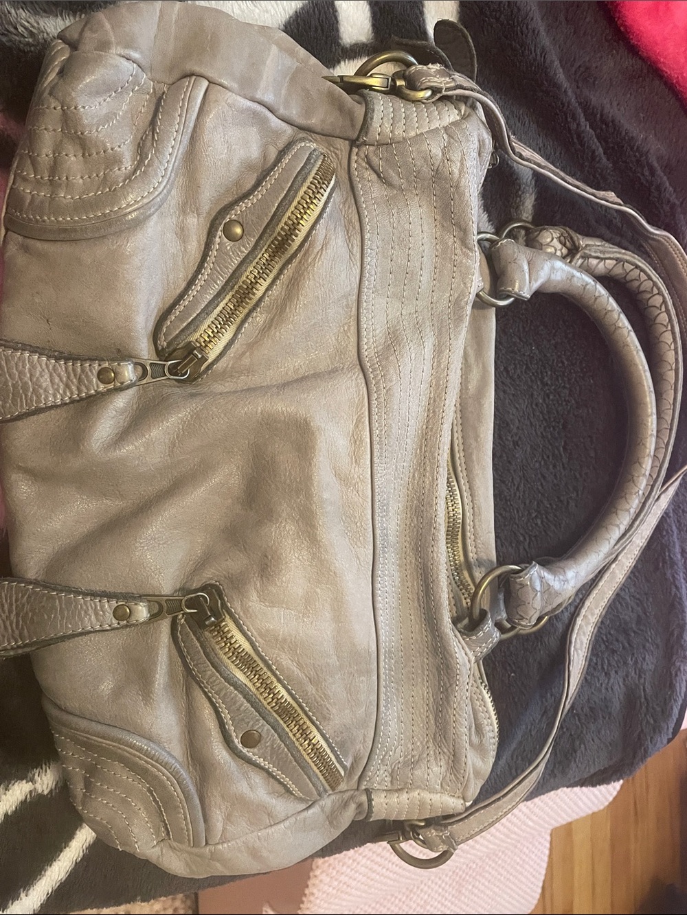 Classic Gray Leather Satchel with Gold Hardware